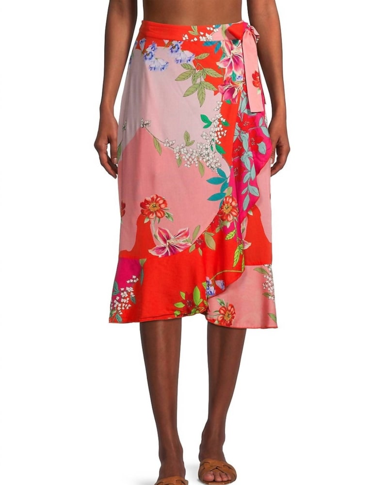Front of a model wearing a size XL Nanya Wrap Skirt Cover Up in Multi in Multi by Johnny Was. | dia_product_style_image_id:336594